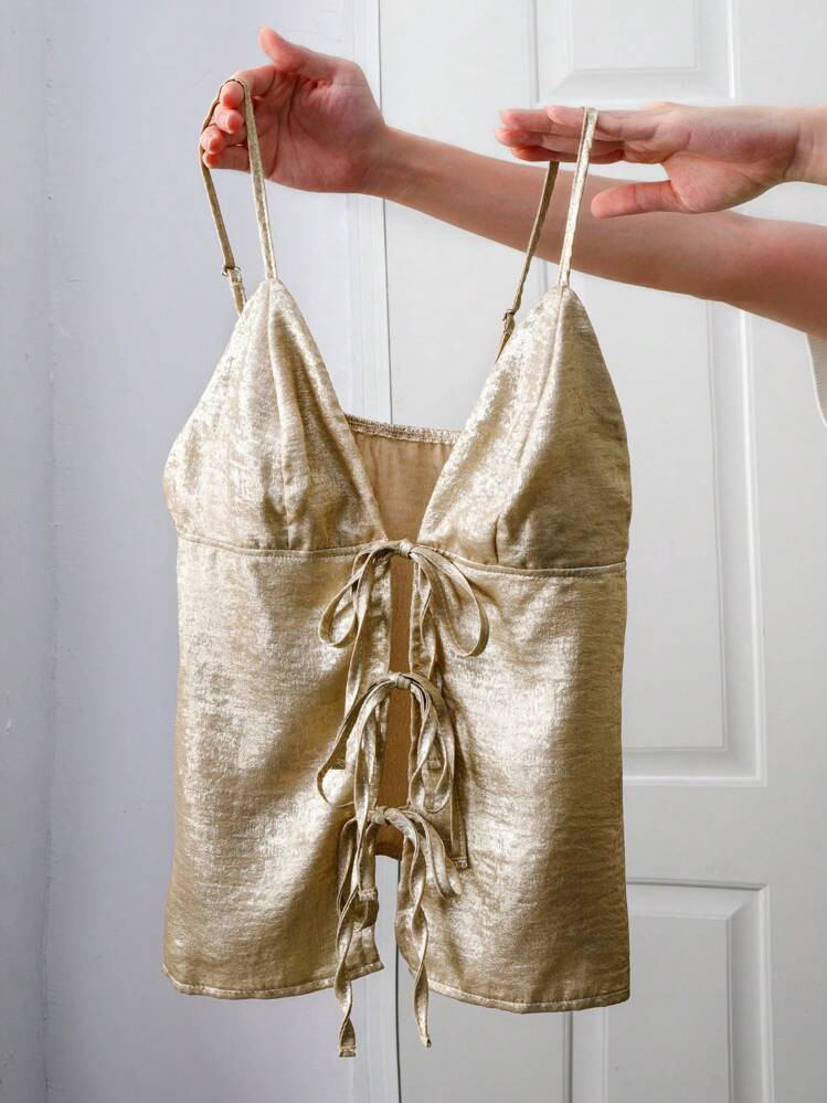 SHEIN Raffinéa Glossy Tied Spaghetti Strap Tank Top For Women For New Year Holiday Party Clothes | SHEIN