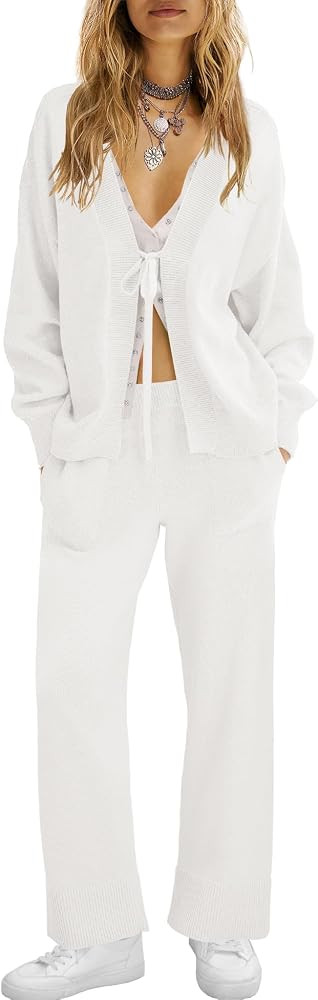 ReachMe Womens 2 Piece Lounge Sets Oversized Fall Outfits Cardigan Sweaters Wide Leg Pants Knit M... | Amazon (US)