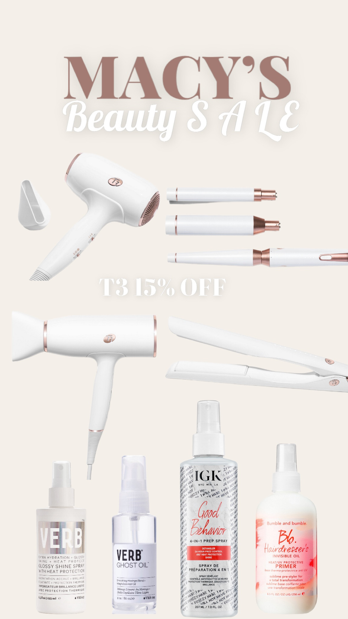 15%off T3 hair tools ⚡️Macy’s beauty sale 🏷️
• 
•
•
•
Beauty, hair products, t3, hair tools, curling iron,blow dryer, straightener, hair oil, invisible spray, IGK, verb, hairdresser, shine spray, heat protectant, fall must have, sale, Macys, beauty, holiday must haves, shopping bag, 

#LTKunder100 #LTKbeauty #LTKsalealert