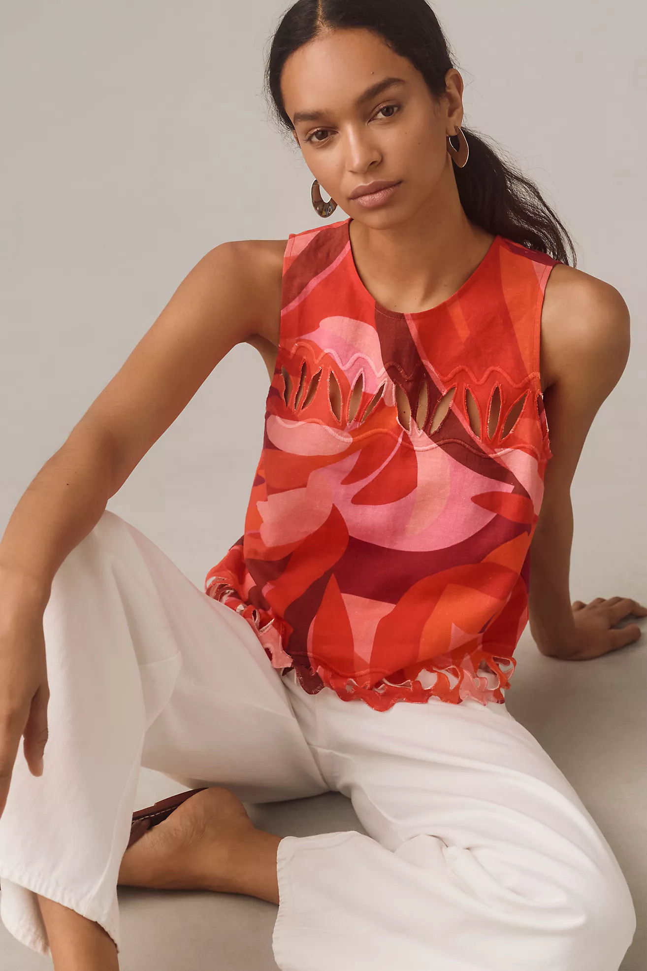 Farm Rio Sleeveless Cutout Linen Shell Top | Anthropologie (US)