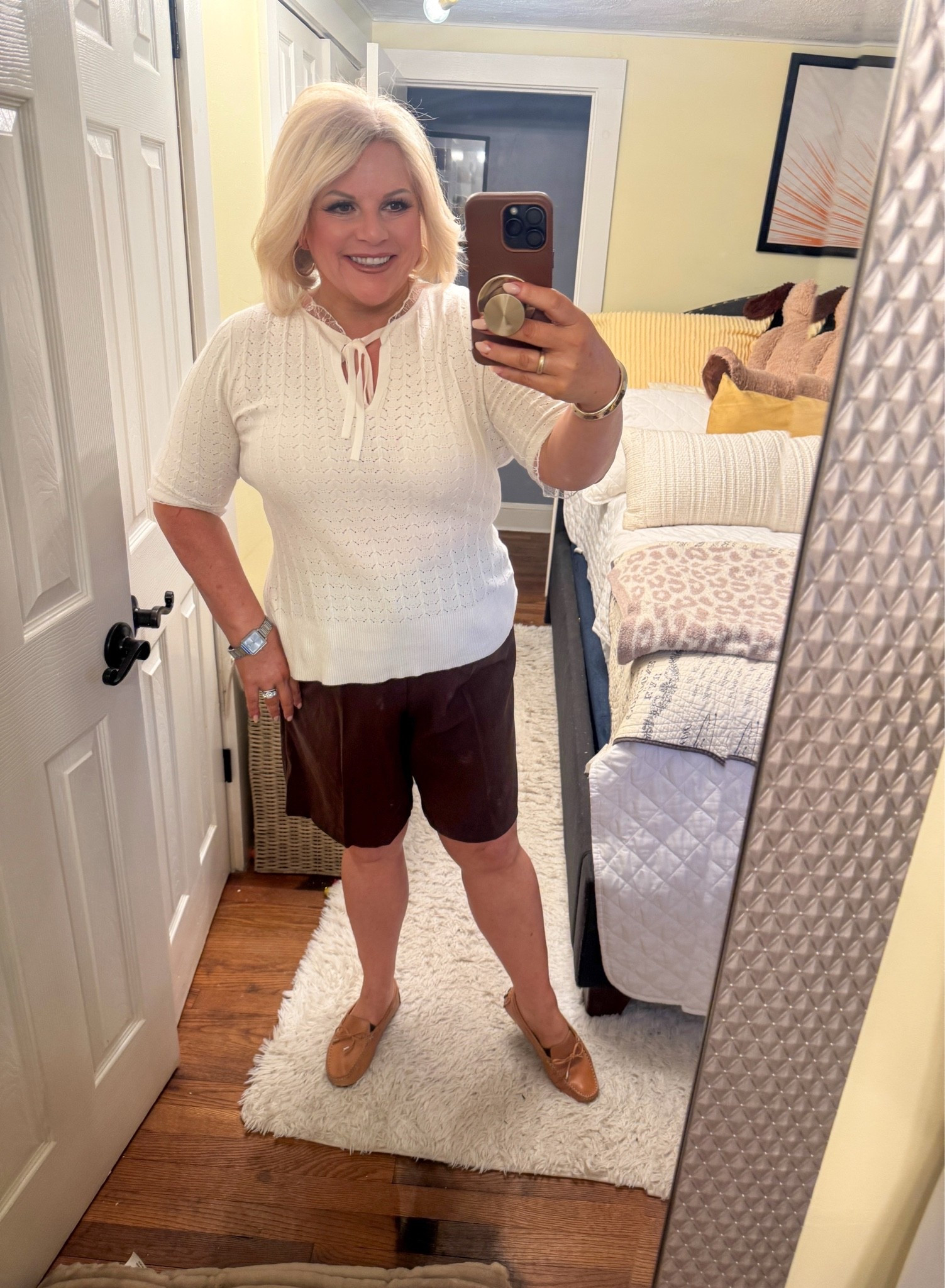 Summer office look.
This Sleeve Pointelle Peplum Cardigan and knee length shorts work well for the office.
Both pieces can also be dressed down for a more casual look.
Summer outfits, over 40 work outfits, summer office

#LTKdayinmylife #LTKootd #LTKWorkwear