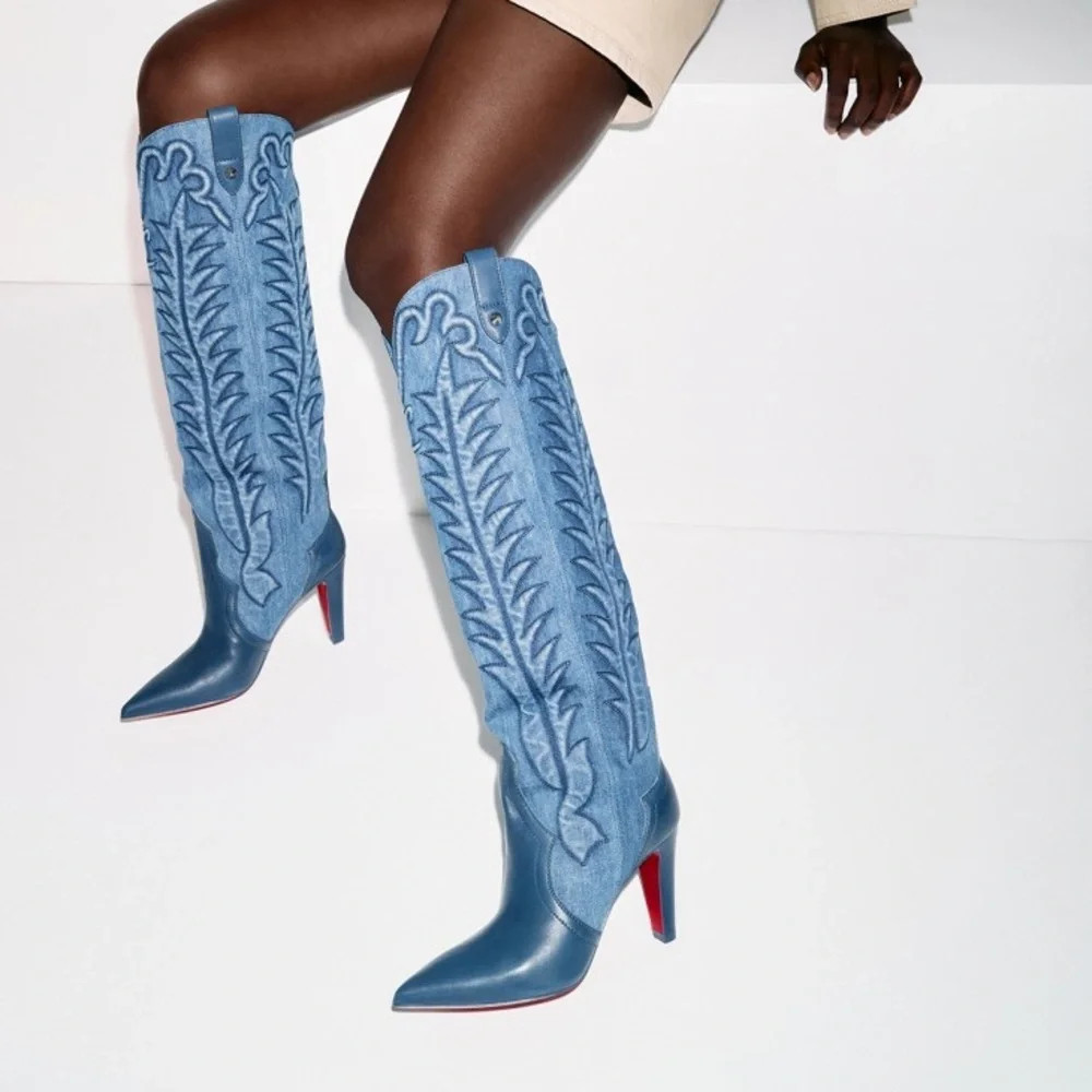 Christian Louboutin Santia 85mm Knee-High Western Boots in Leather and Denim | Poshmark
