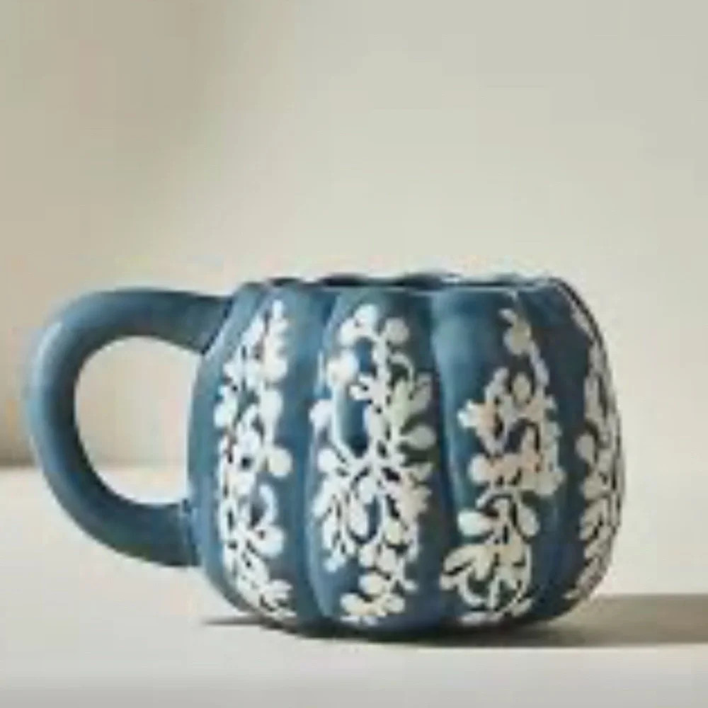 Anthropologie Country Blue & White Floral Pumpkin Ceramic Mug 20oz Cottagecore | Poshmark
