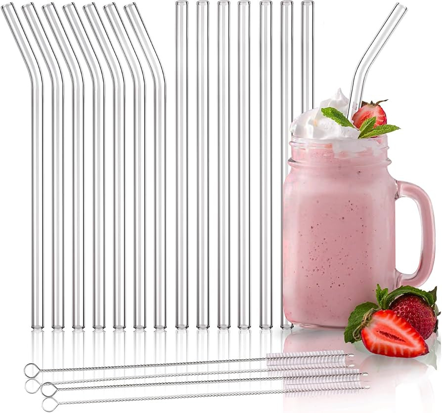 Glass Straw 16-Pack- Glass Straws Shatter Resistant 7 Bent & 7 Straight, 10”x10mm, 2x Cleaning ... | Amazon (US)