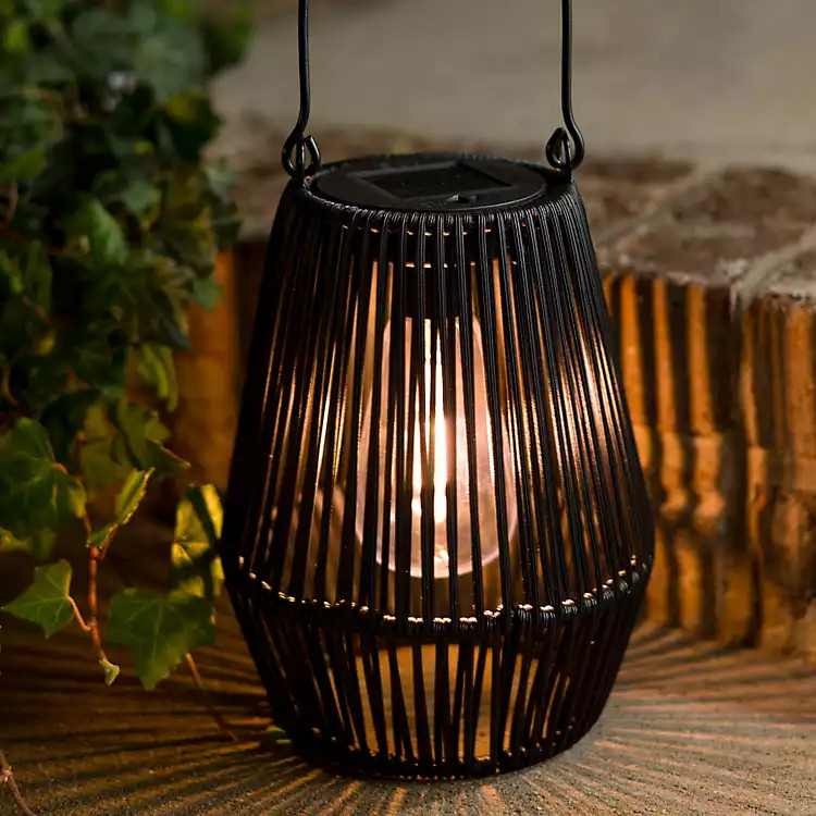 Black Faux Rattan Hanging Solar Lantern | Kirklands
