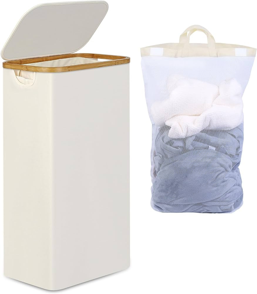 Slim Laundry Hamper with Lid, Narrow Laundry Hamper with Removable Bag, Collapsible Dirty Clothes... | Amazon (US)