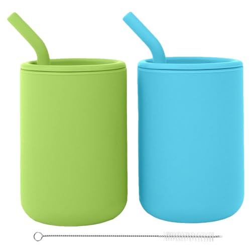 WeeSprout Silicone Baby Cups With Straws and Lids, 4 & 8 oz Options, Set of 2, Food Grade Toddler Training Container, Built In Straw Stoppers, Measurement Markings, Dishwasher Safe + Straw Cleaner | Amazon (US)