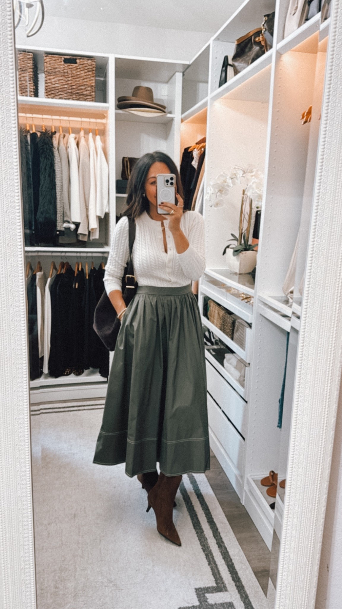 A-line skirt I sized down to an xs 
Fitted Cardigan is TTS 

#LTKStyleTip #LTKOver40