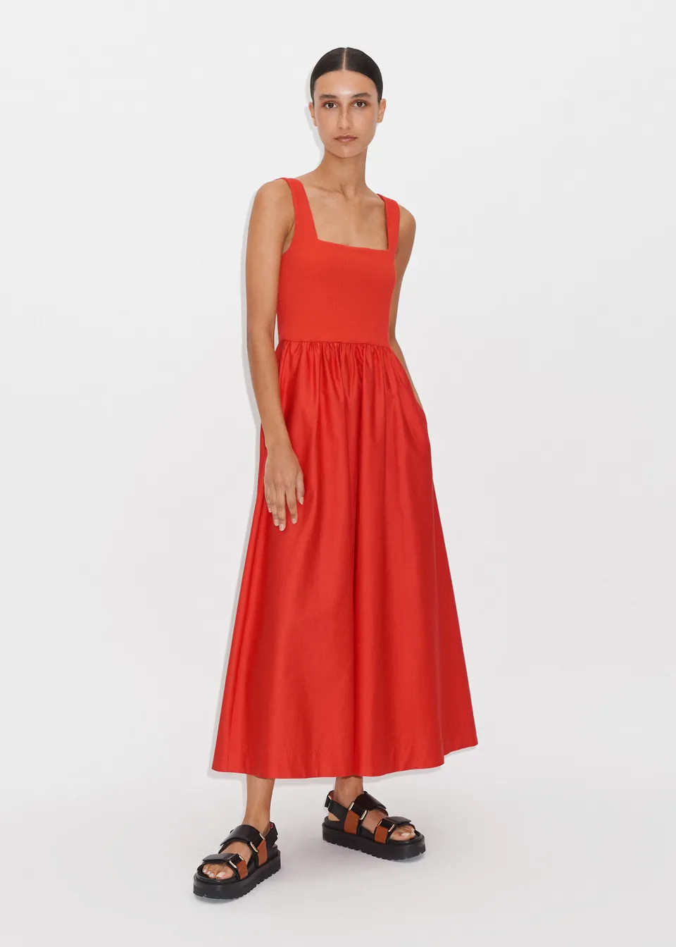 Cotton Rib Mixed-Media Square Neck Dress | ME+EM US