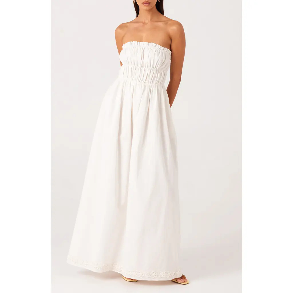SNDYS Ines Strapless Linen & Cotton Maxi Dress in White at Nordstrom, Size X-Small | Nordstrom