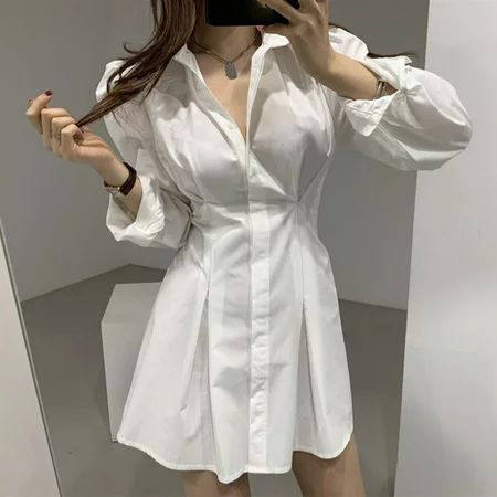 PIKADINGNIS Black White Shirt Dress Women Korean Fashion Puff Sleeve Waist-Tight Short Dresses Ladie | Walmart (US)