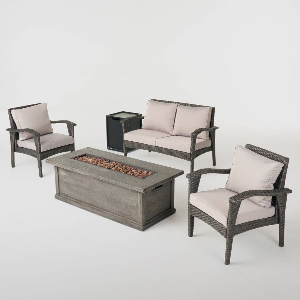 Honolulu 5pc Wicker Chat Set with Fire Pit - Gray/Light Gray/Gray - Christopher Knight Home | Target