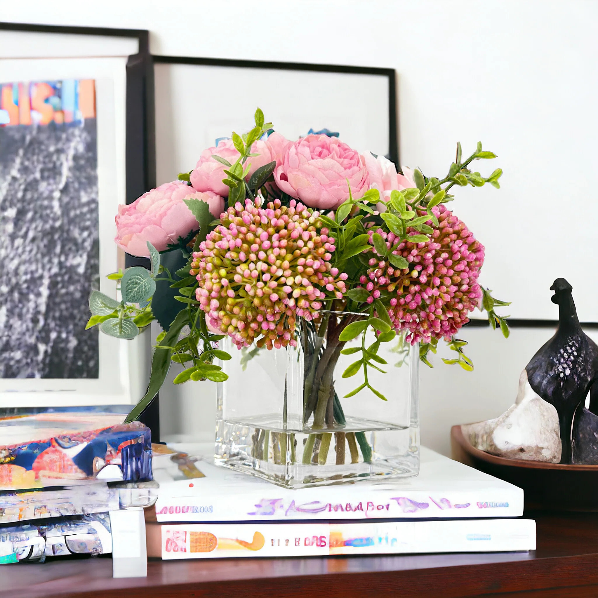 Peonies And Real Touch Rose, Berries, Arrangement Artificial Faux Centerpiece, French Floral | Wayfair North America
