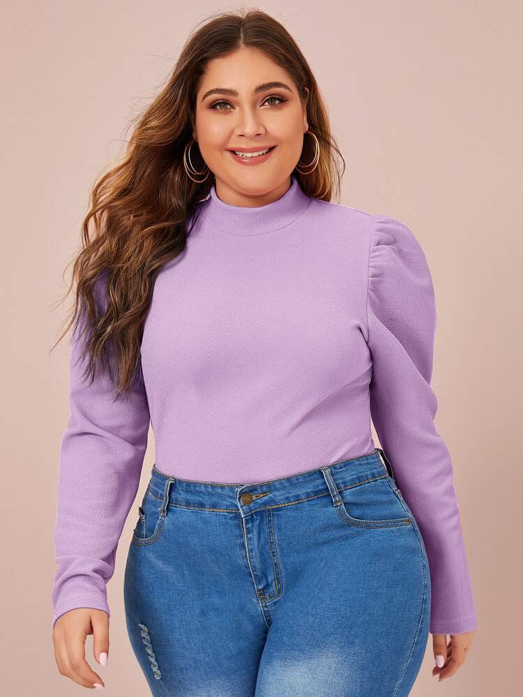 SHEIN Plus Solid Mock-Neck Puff Sleeve Top | SHEIN