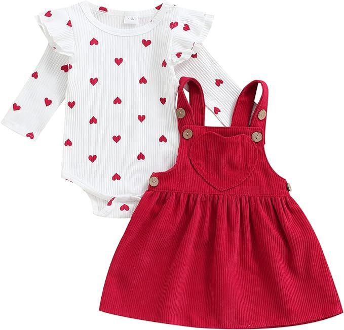 Comeonze My First Valentine's Day Newborn Infant Baby Girl Outfits Heart Print Ribbed Romper Cord... | Amazon (US)