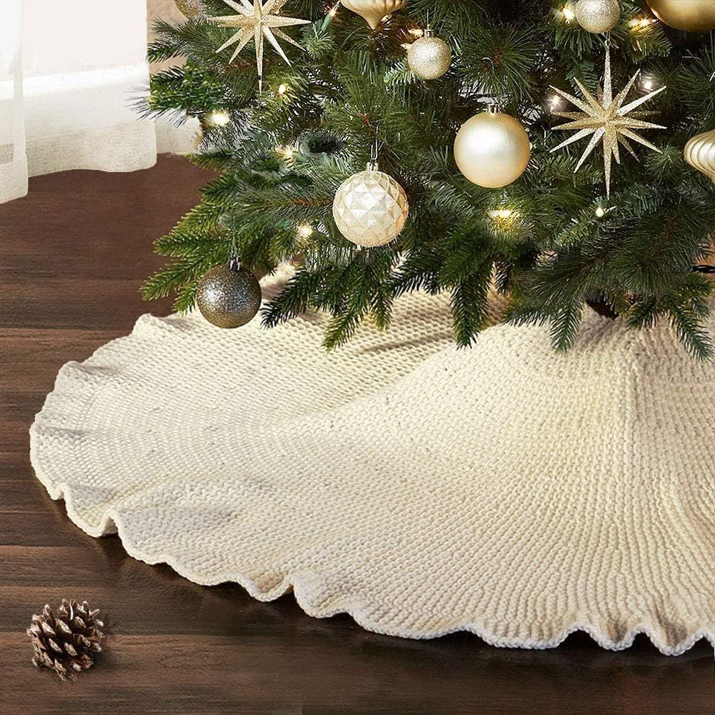 NIBESSER Christmas Tree Skirt, Ruffled Tree Skirt White 48 Inches Knit Knitted Thick Rustic Xmas ... | Amazon (US)