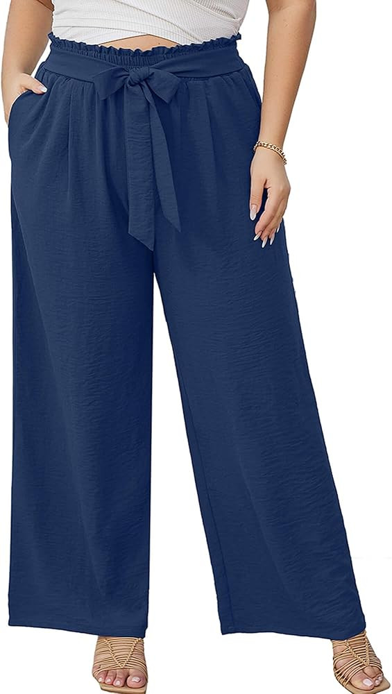 Women's Plus Size Wide Leg Lounge Pants with Pockets High Waisted Palazzo Adjustable Tie Knot Tro... | Amazon (US)