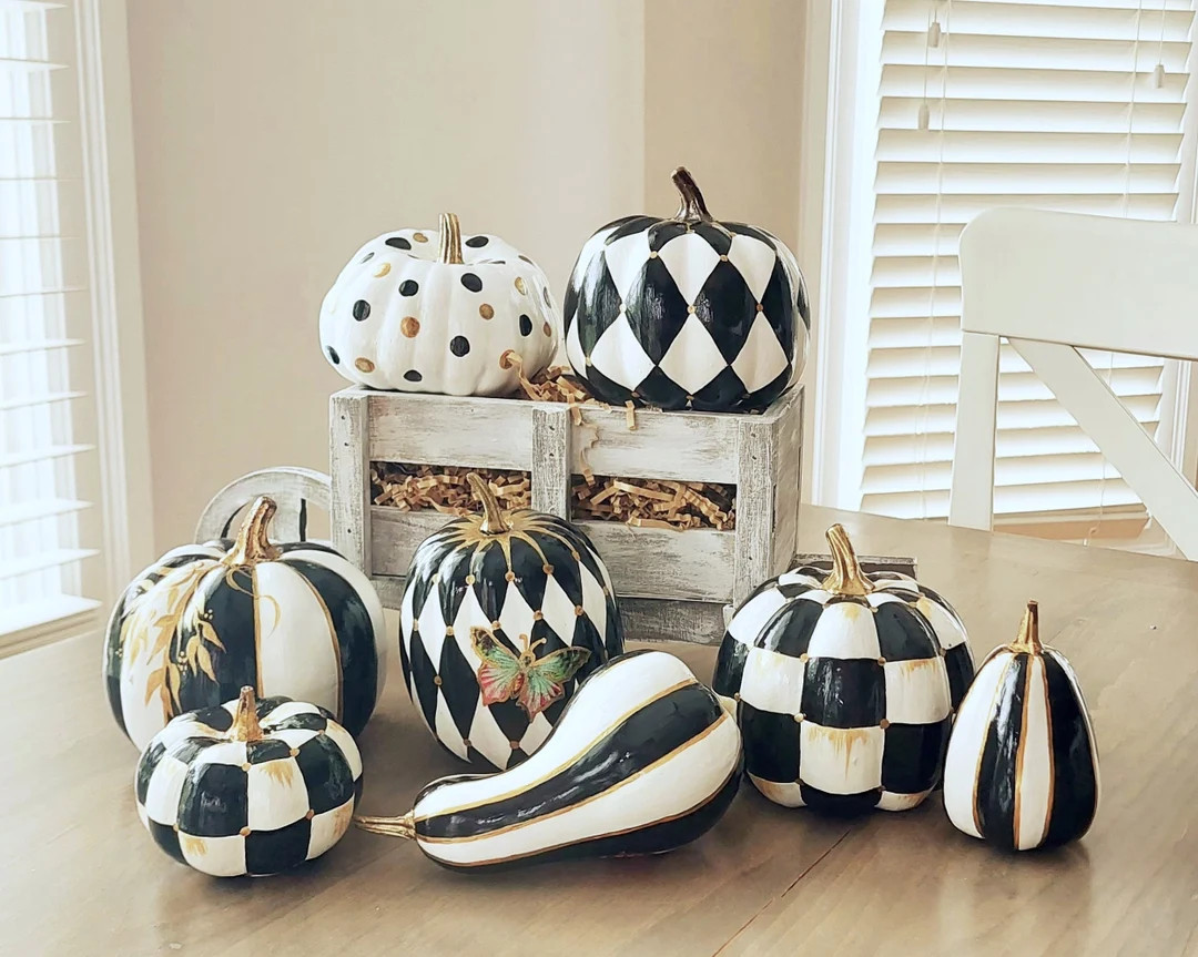 Black White Pumpkins Fall Pumpkin Table Centerpiece Checkered Fall Decor Black and White Check Pu... | Etsy (US)