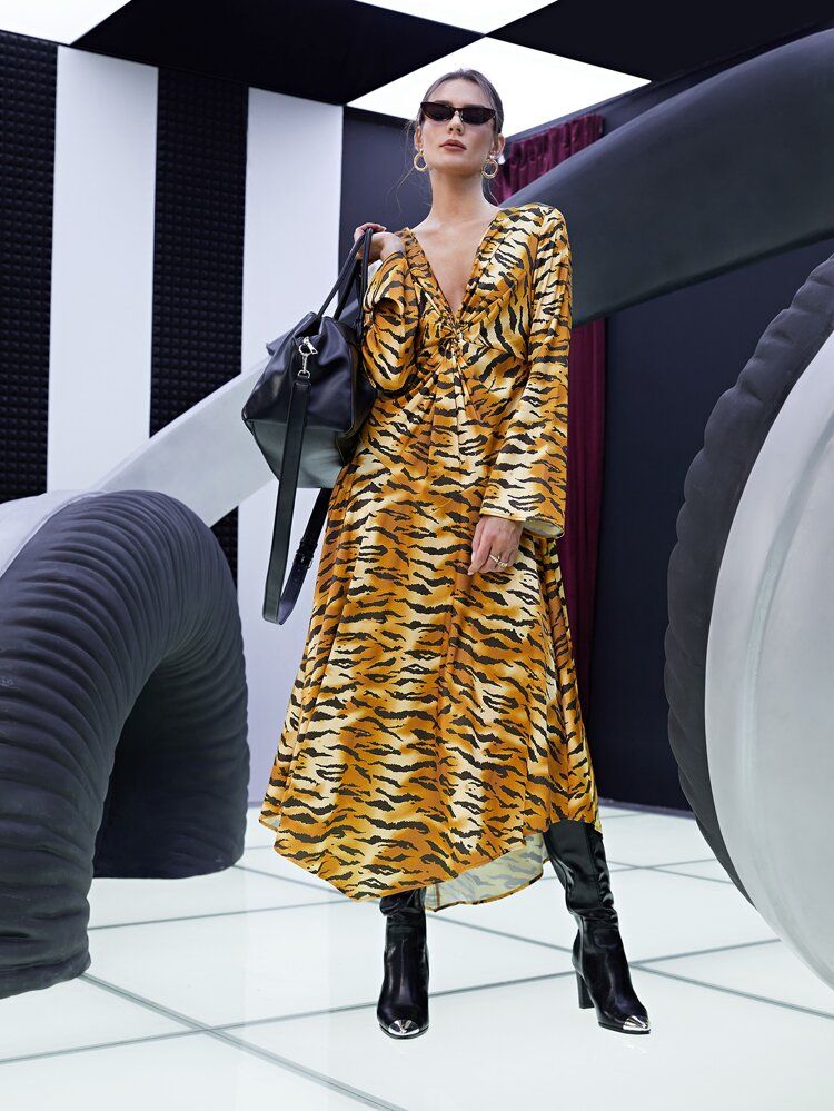 SHEIN Tiger Skin Print Twist Front Satin Dress | SHEIN