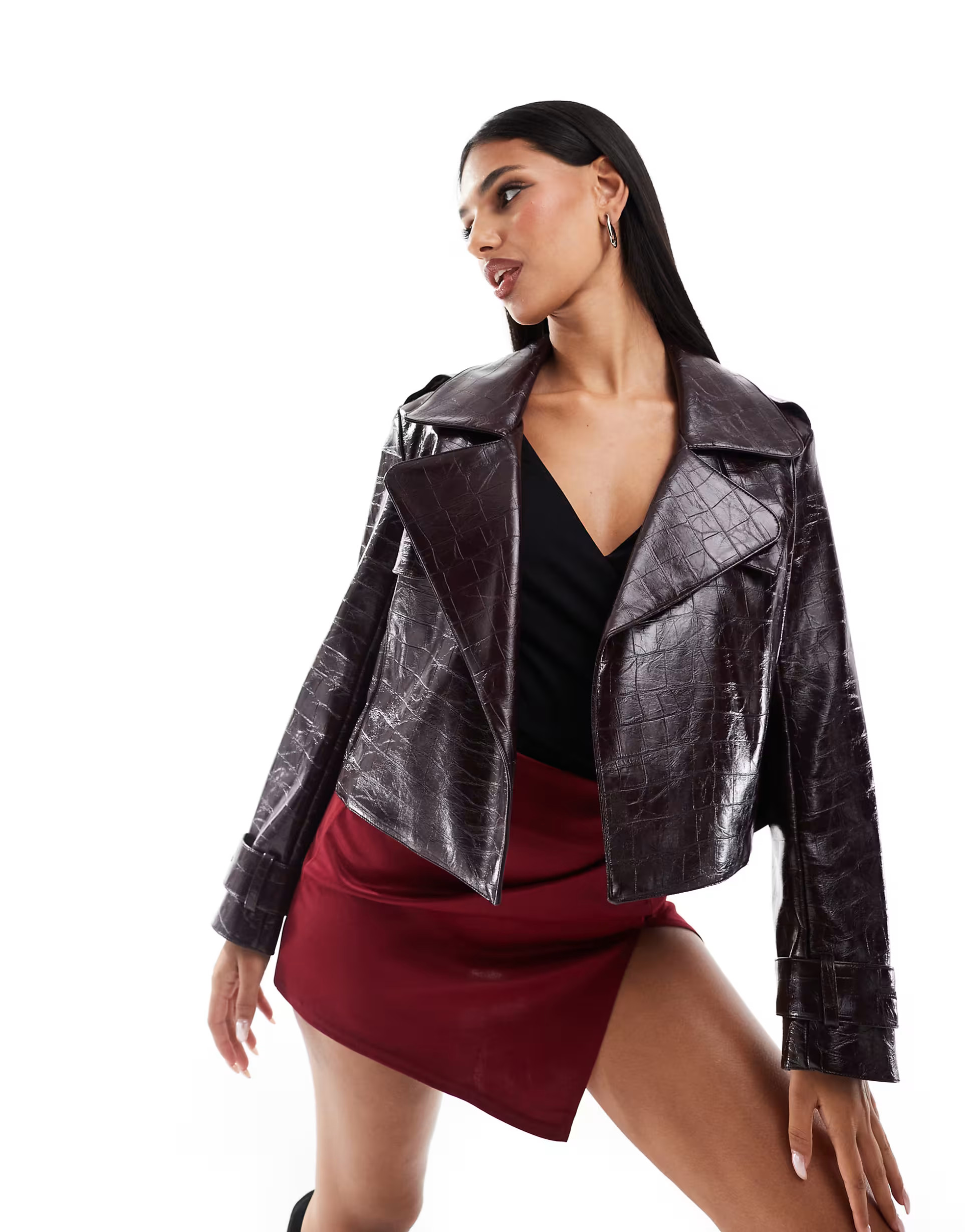 River Island faux leather crop trench in wine | ASOS (Global)