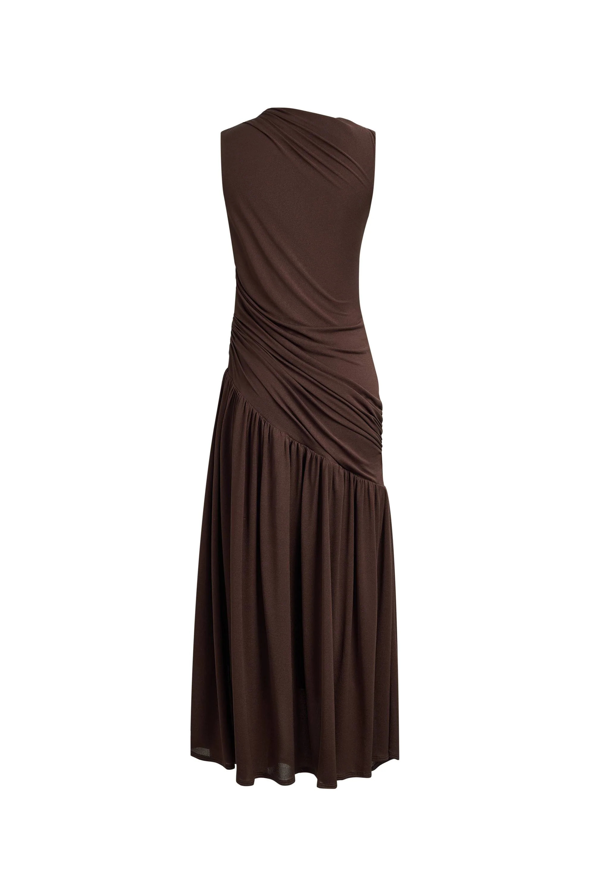 Avery Asymmetrical Ruched Sleeveless Dress in Acetate Blend Knit | Fabrique