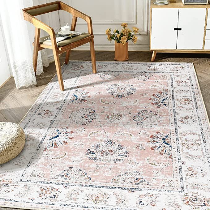 jinchan Area Rug 6x9 Persian Rug Pink Vintage Floor Mat Indoor Thin Rug Floral Print Carpet Folda... | Amazon (US)