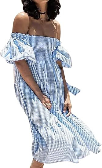 R.Vivimos Women's Summer Cotton Plaid Puff Sleeves Bow Casual Off-Shoulder Boho Midi Dress | Amazon (US)