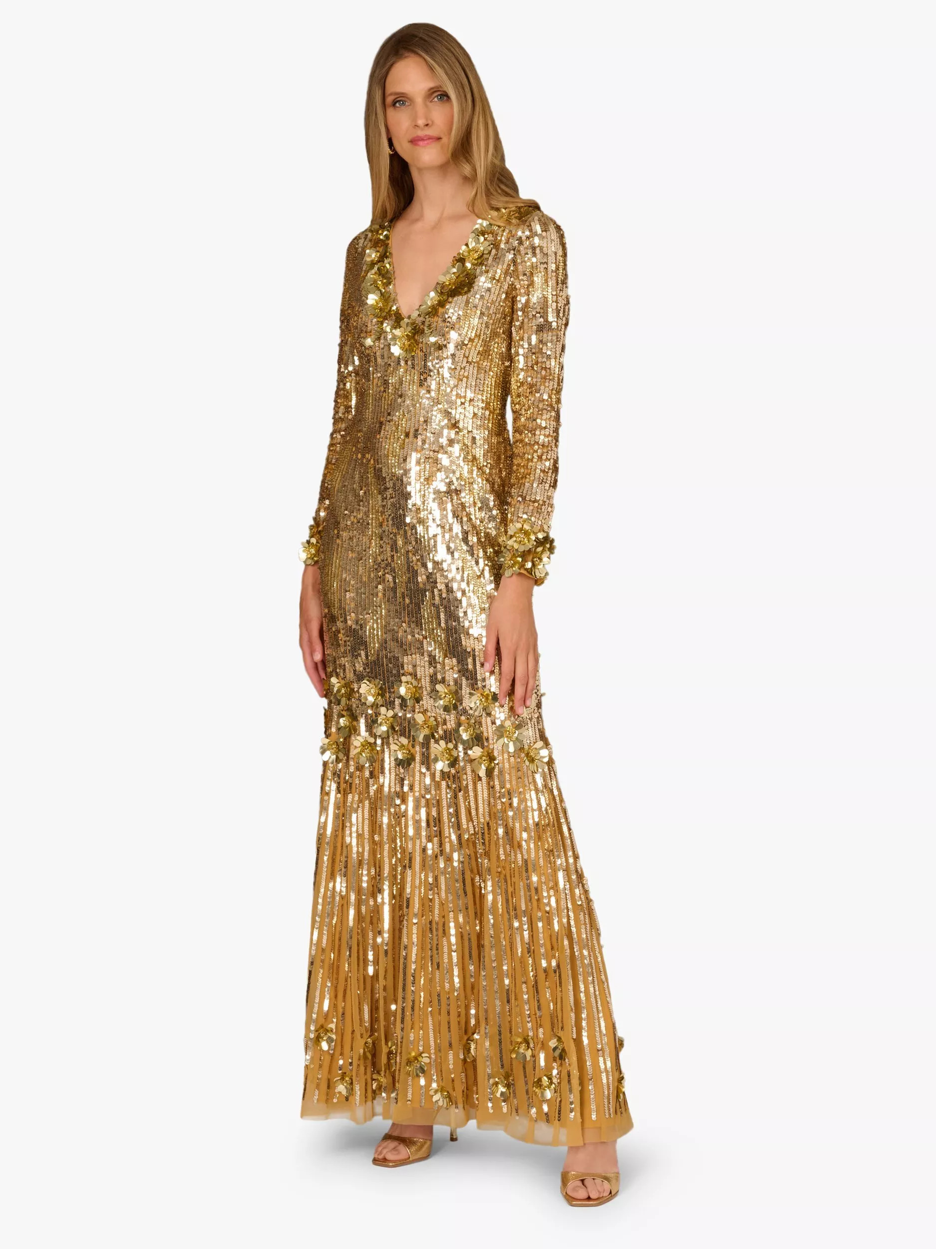 Aidan Mattox By Adrianna Papell Beaded Mesh Maxi Dress, Gold | John Lewis (UK)