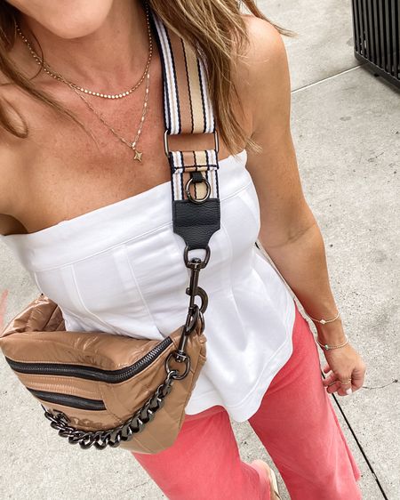 Now and my travel look. 
LOVE these red wide leg jeans. Size down. 00 here. 
XS strapless top
S tee
Necklace - use code: twopeasinablog at Miranda Frye 

#LTKStyleTip #LTKOver40