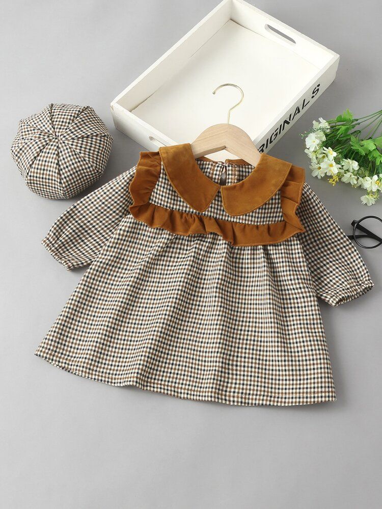 Baby Plaid Print Contrast Ruffle Trim Dress With Hat | SHEIN