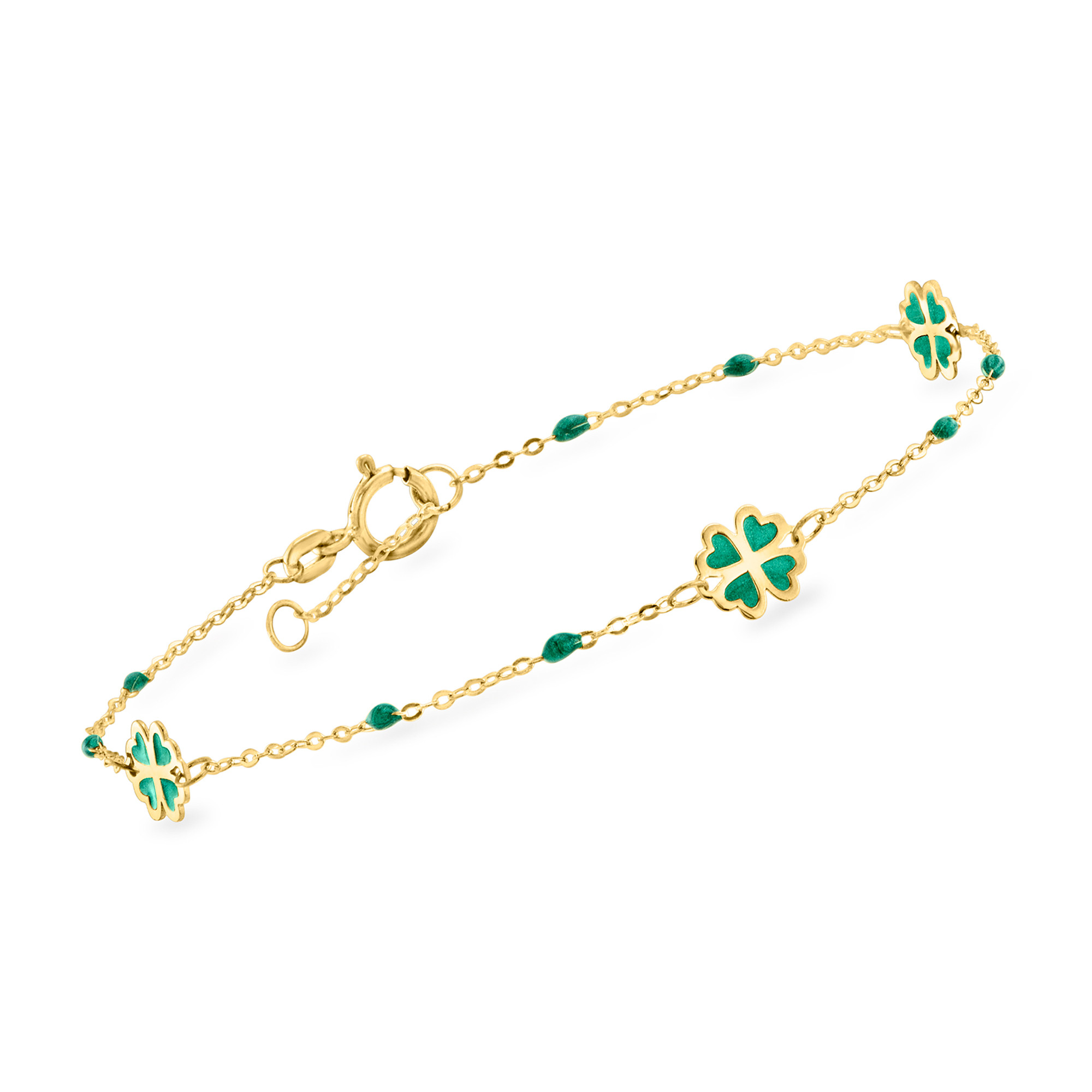 Italian Green Enamel Clover Station Bracelet in 14kt Yellow Gold | Ross-Simons