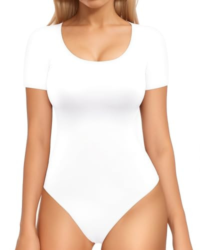 MANGOPOP Double Lined Long Sleeve Bodysuits for Women Scoop Neck Thong Short Bodysuit Tops Seamless White Small | Amazon (US)