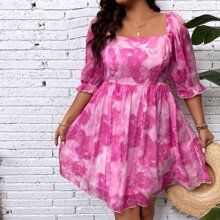 Plus Allover Floral Print Square Neck Puff Sleeve Dress | SHEIN