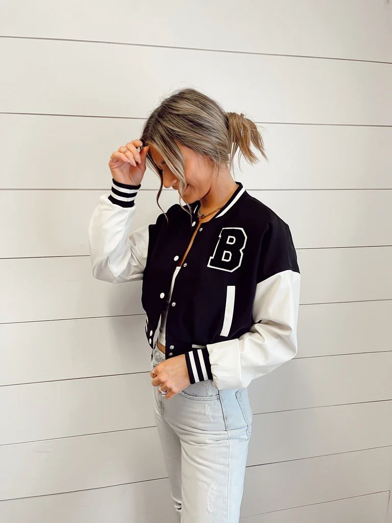 Emma Black Varsity Jacket | She Is Boutique