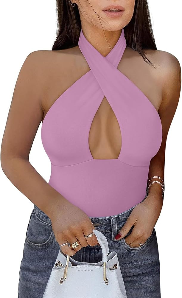 REORIA Butsmooth® Women's Trendy Sexy Criss Cross Halter Neck Sleeveless Thong Bodysuits Tops Cl... | Amazon (US)