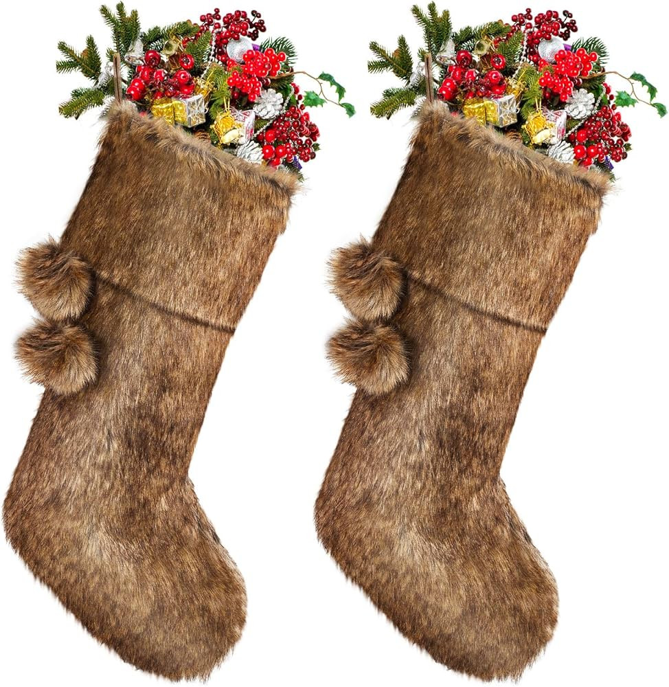 Glimin 2 Pieces 18 Inch Brown Fur Christmas Stocking Large Farmhouse Stocking with Faux Fur Poms ... | Amazon (US)