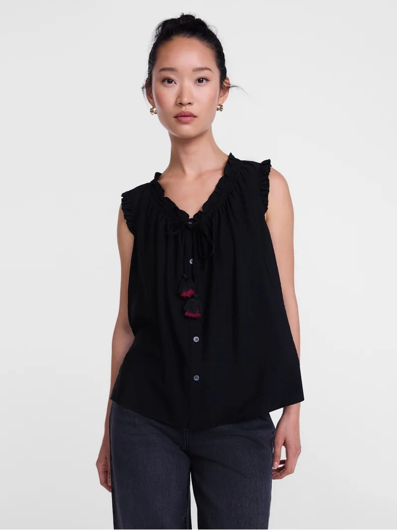 Scenario Women's and Women's Plus Ruffle Neck Tank Top with Tie Front, Sizes XS-4X | Walmart (US)