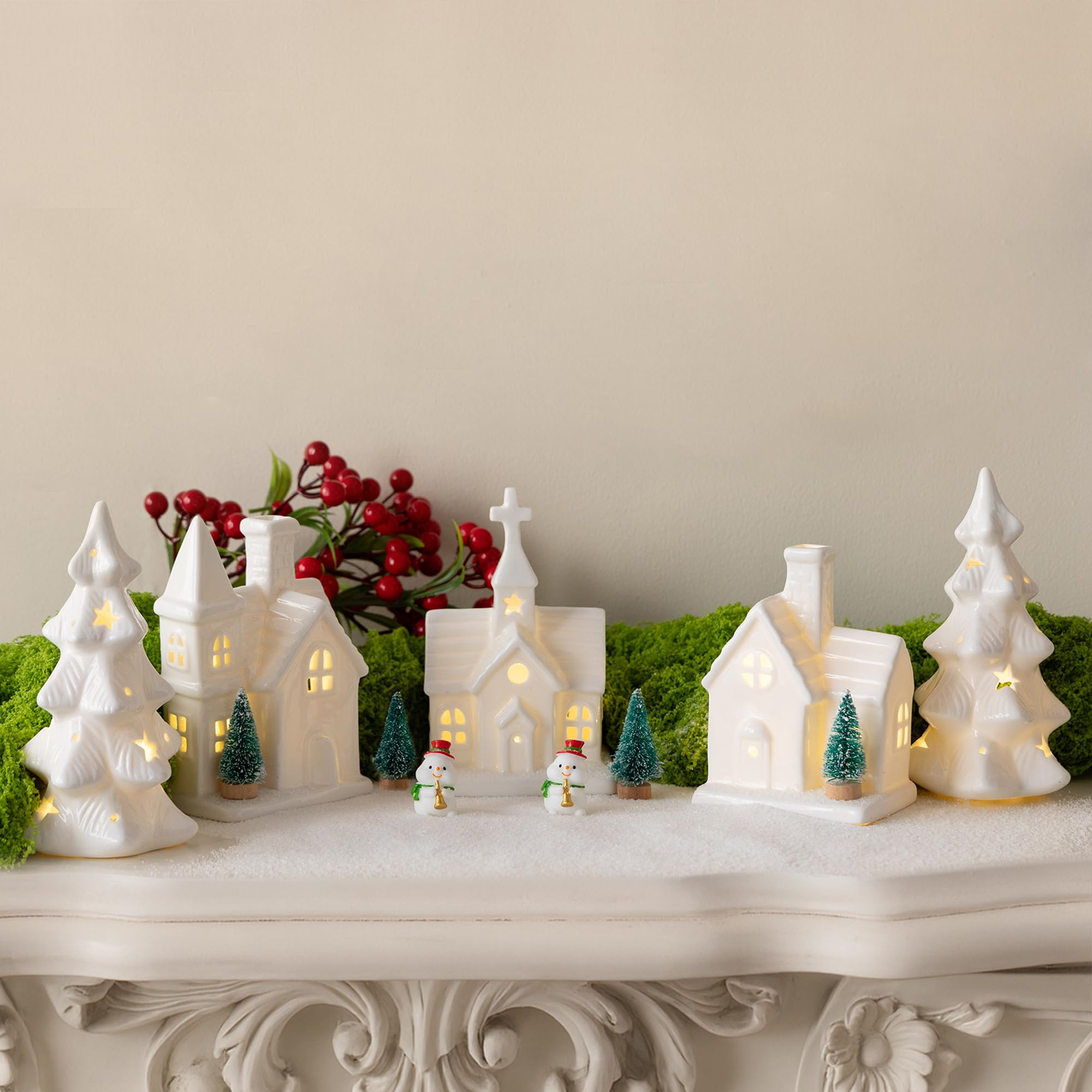 11 Pcs Ceramic Christmas Village Houses Set - 3 Lighted Village Houses with 2 Lighted Ceramic Chr... | Amazon (US)