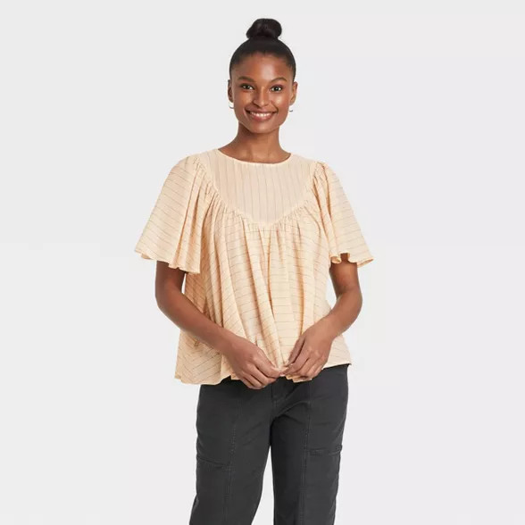 Women's Striped Flutter Short Sleeve Blouse -… | Target