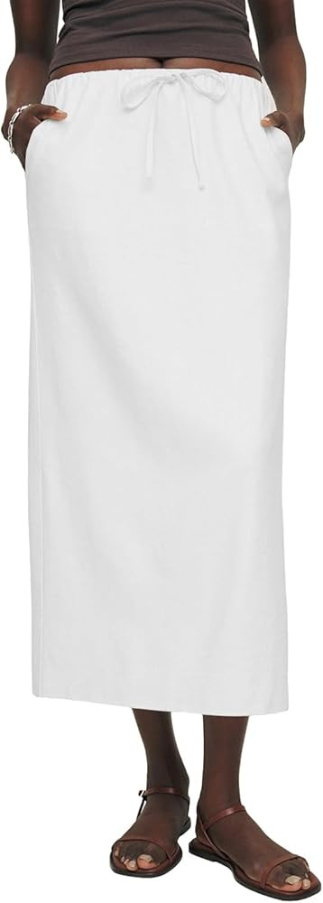 IDEALSANXUN Womens Linen Skirts Trendy Elastic Waist Drawstring Long Skirts with Slit | Amazon (US)
