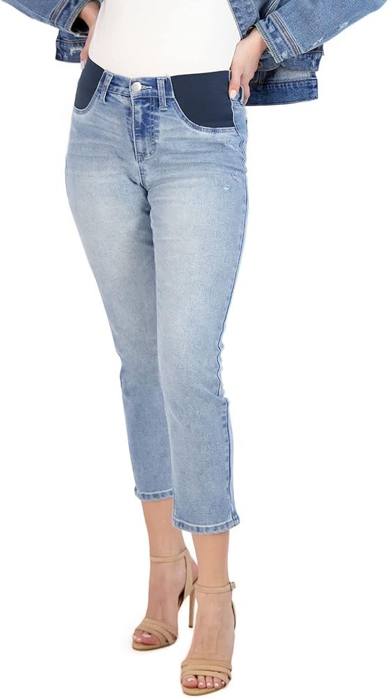 Maternity Jeans for Women, Straight Leg Elastic High Waist Pant, Pregnancy Clothes for All Season... | Amazon (US)