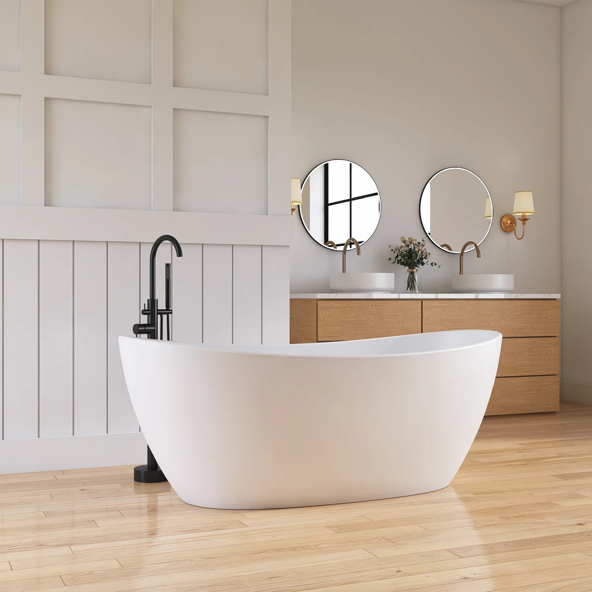 Forma 65'' Freestanding Bathtub Solid Surface Deep Soaking Tubs Double Slippers DU26-1650 | Wayfair North America