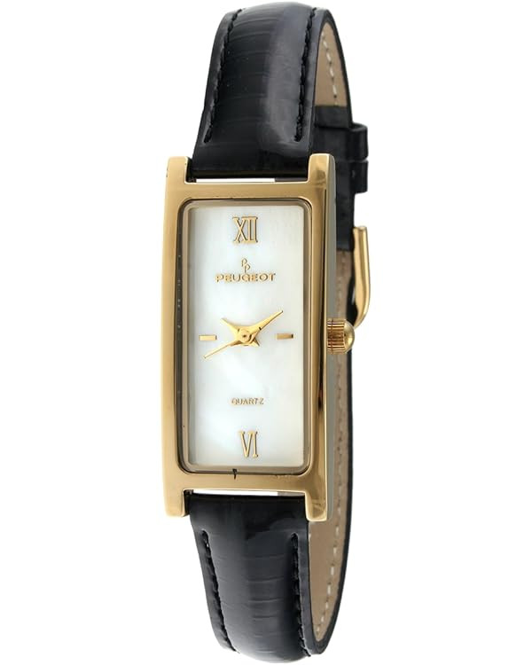 Peugeot Women's Slim 14K Gold Plated White Mother of Pearl Dial Black Leather Thin Strap Dress Wa... | Amazon (US)