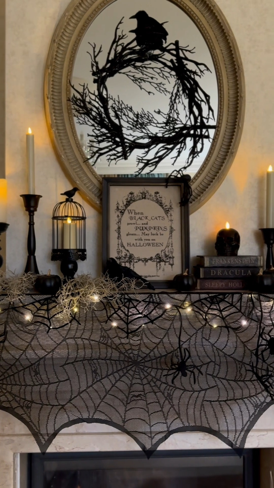 Halloween home decor, Halloween spooky living room mantel decor, spiderweb mantel scarf, black candlesticks, decorative crows

#LTKHome #LTKSeasonal #LTKSaleAlert
