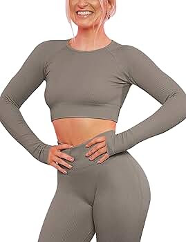 VALANDY Long Sleeve Crop Tops for Women Seamless Workout Shirts Fitted Crewneck Ribbed Basic Swea... | Amazon (CA)