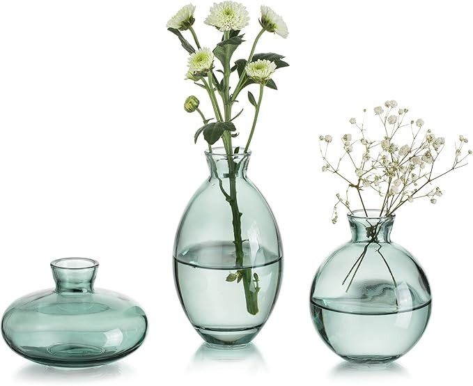 Glasseam Green Glass Bud Vase, 3Pcs/Set Modern Decorative Small Mini Flowers Vases Short Minimali... | Amazon (US)