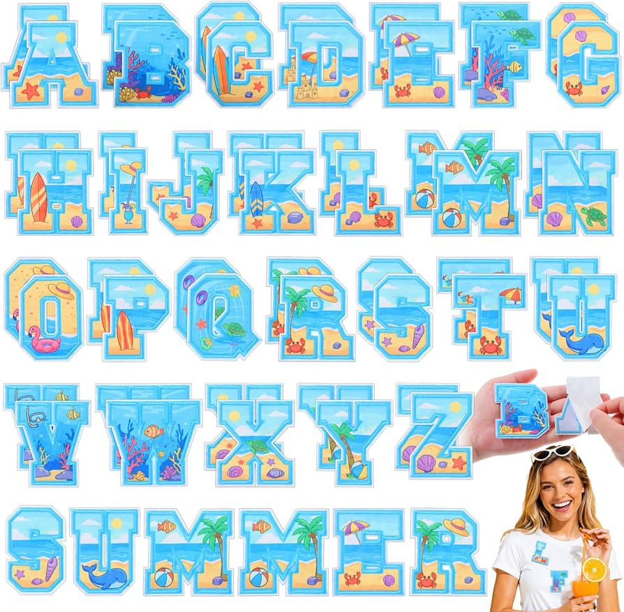 WILLBOND 52 Pcs Beach Alphabet Patches 2.8 Inch Self Adhesive Letter Patches Summer Ocean Embroid... | Amazon (US)