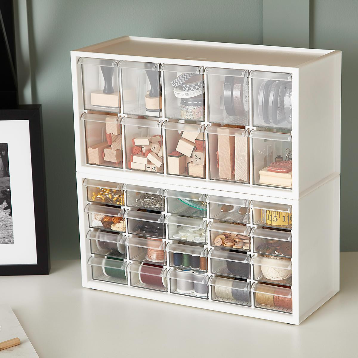 livinbox 10-Drawer Medium Stackable Craft Organizer White/Clear | The Container Store