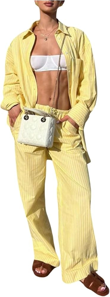 Floerns Conjunto de 2 piezas para mujer, camisa a rayas con botones y pantalones largos de pierna... | Amazon (US)