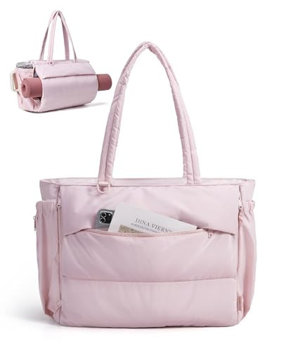 BAGSMART Tote Bag for Women, 22L Puffer Gym Bag for 40oz Tumbler, Work Tote Handbag for Travel Yoga College, Pink | Amazon (US)